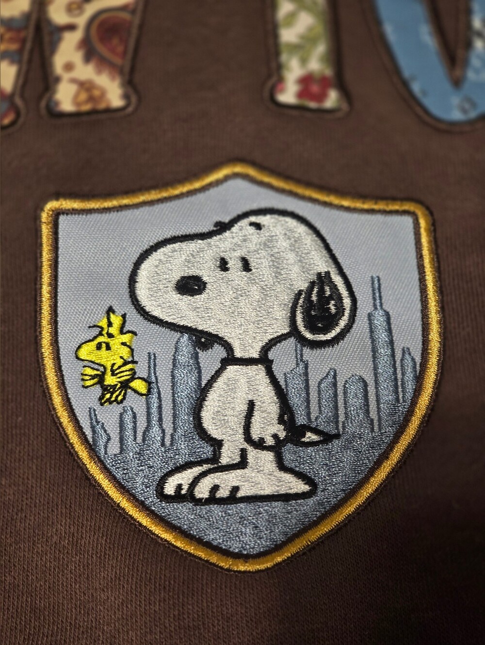 NWT Peanuts Snoopy New York Character Patchwork Destination Hoodie Brown M - Picture 6 of 9